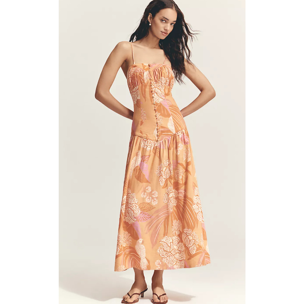 FARM Rio Orange Tropical Floral Maxi Dress with Pink Accents